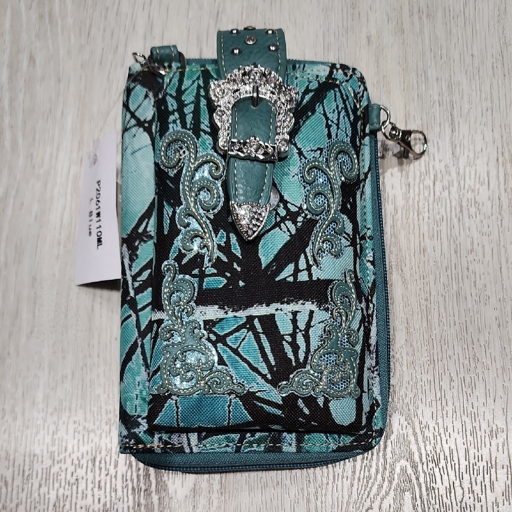 Multi Purpose Buckle Camouflage Embroidery Phone Wallet with Strap Teal